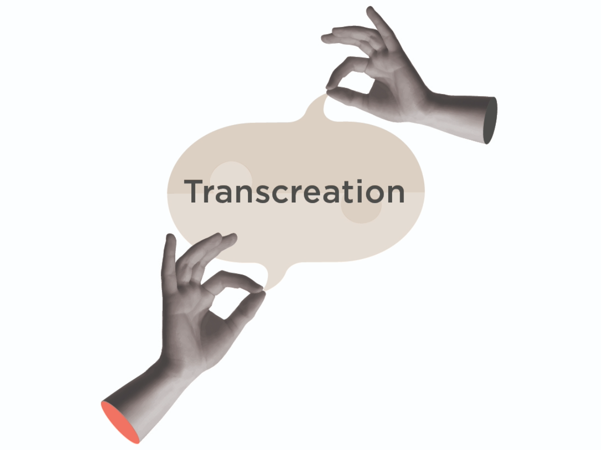 Two hands holding a speech bubble. The text inside the bubble reads Transcreation.
